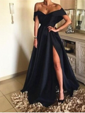 Simple Black Off-the-Shoulder Long A-line Prom Dress With Slit