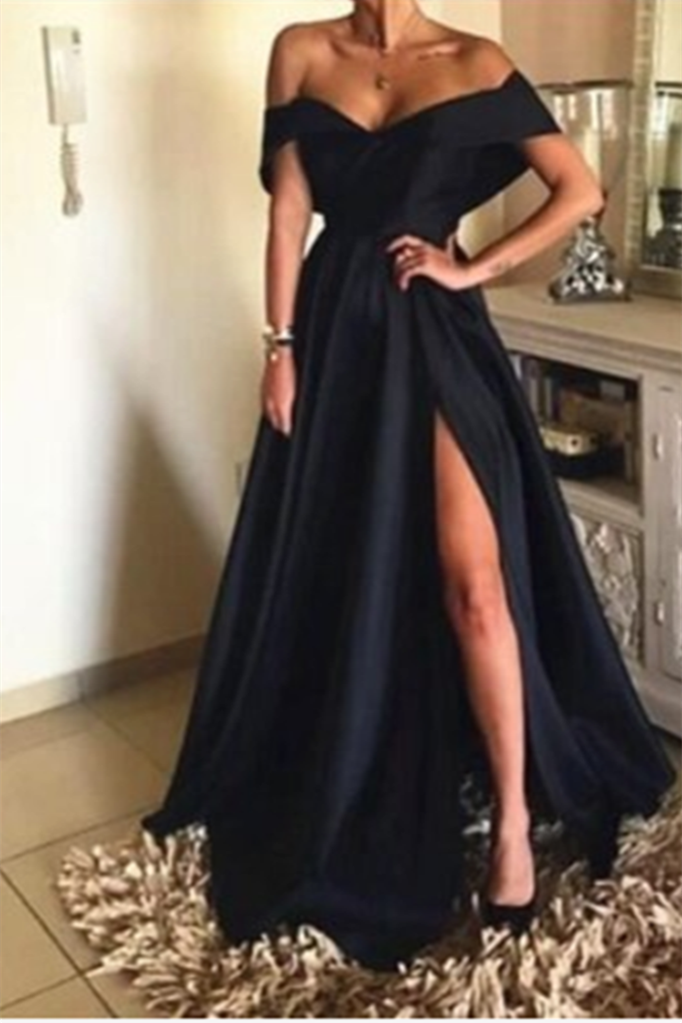 Simple Black Off-the-Shoulder Long A-line Prom Dress With Slit-Newinlook