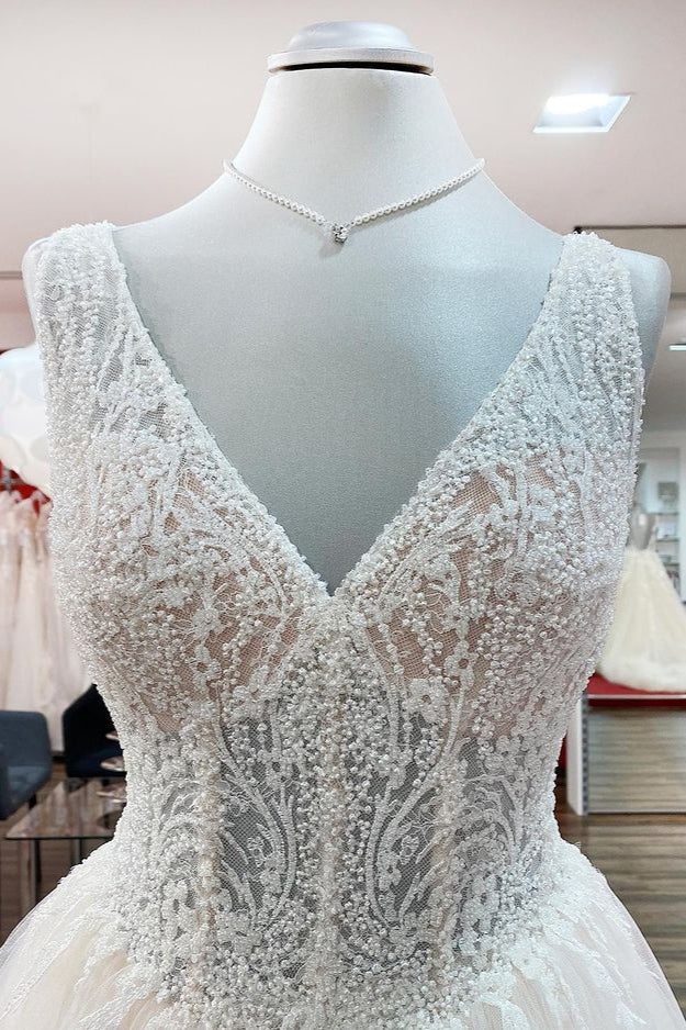Simple Ivory Tulle Lace Ruffles A-Line Wedding Dresses
