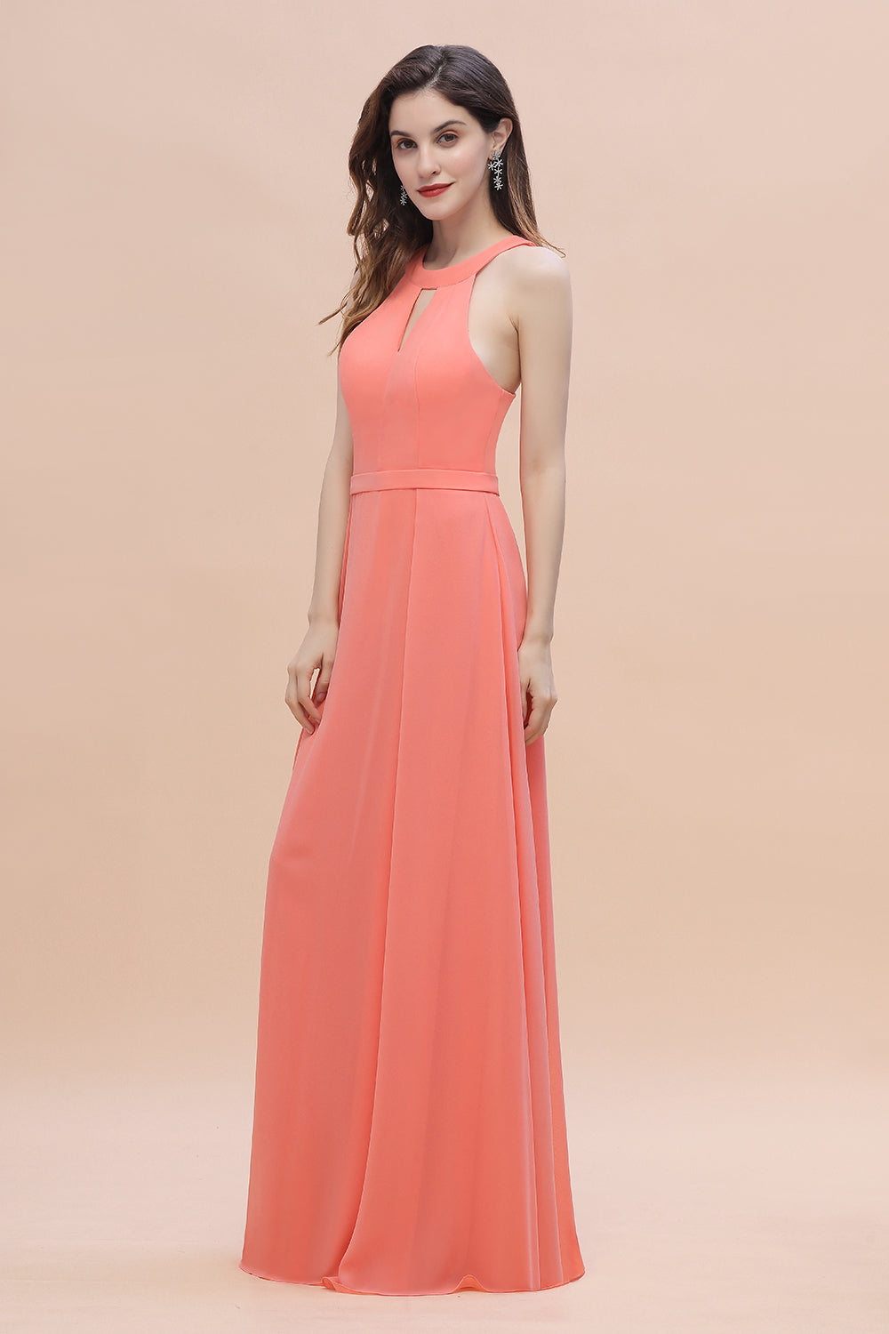 Simple Jewel Sleeveless Coral Chiffon Bridesmaid Dress Online