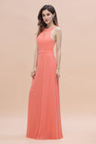 Simple Jewel Sleeveless Coral Chiffon Bridesmaid Dress Online