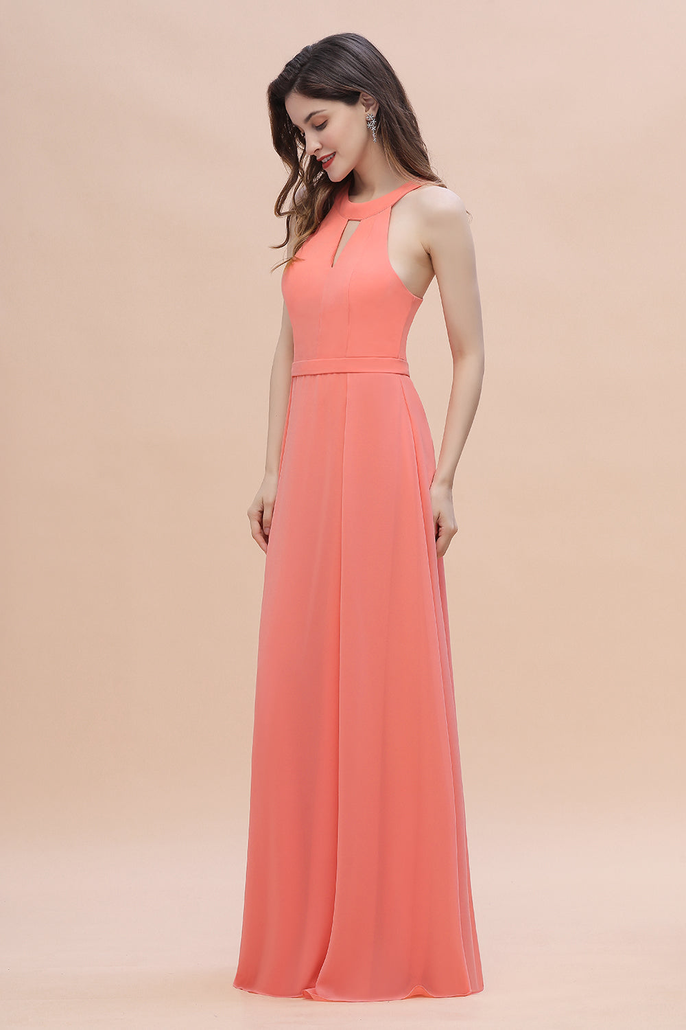 Simple Jewel Sleeveless Coral Chiffon Bridesmaid Dress Online
