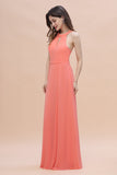 Simple Jewel Sleeveless Coral Chiffon Bridesmaid Dress Online