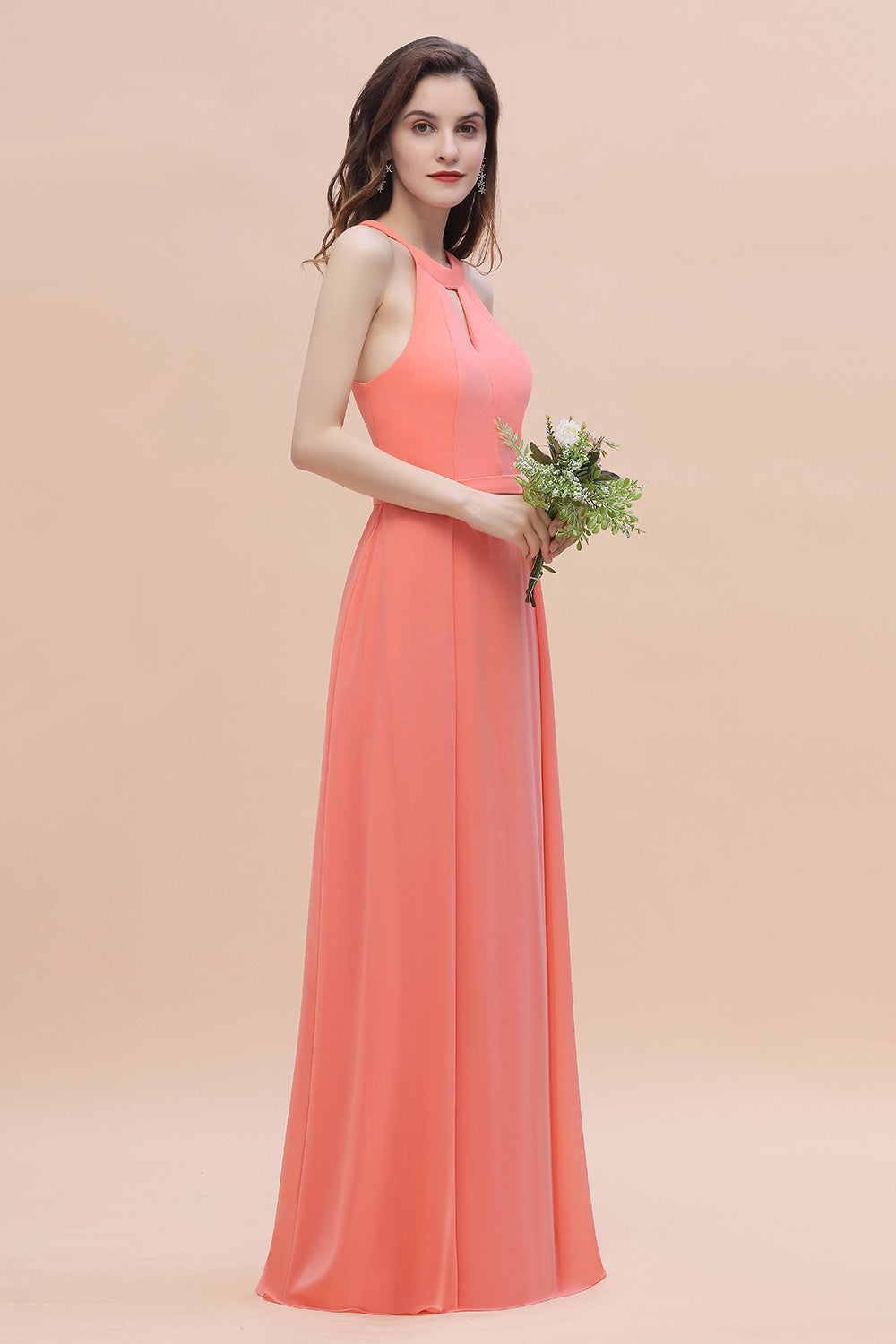 Simple Jewel Sleeveless Coral Chiffon Bridesmaid Dress Online