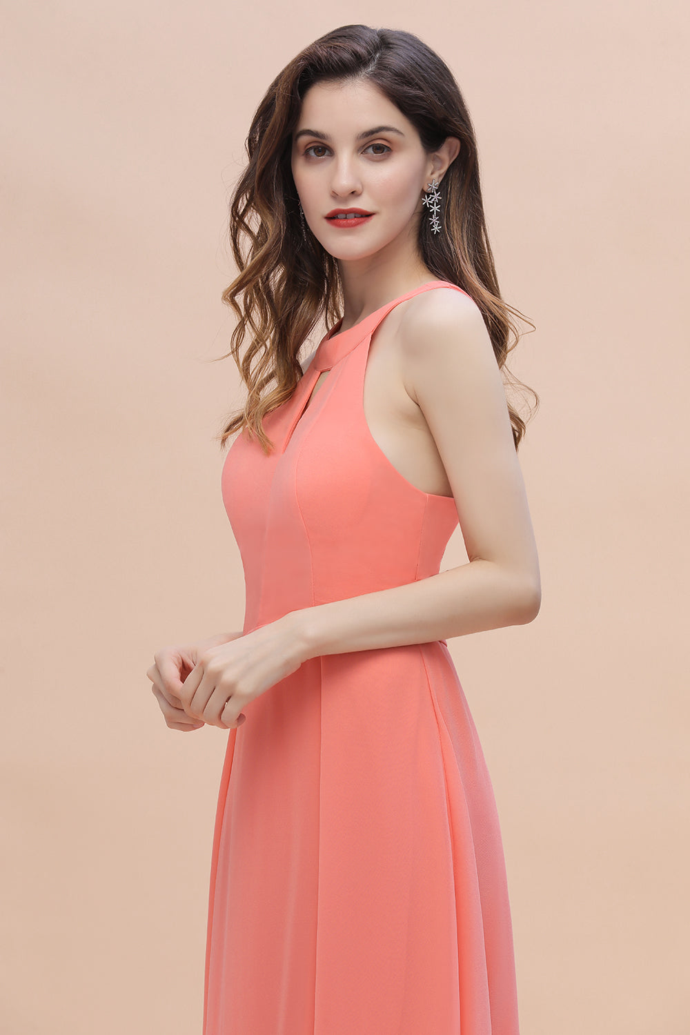 Simple Jewel Sleeveless Coral Chiffon Bridesmaid Dress Online
