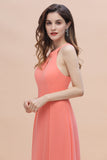 Simple Jewel Sleeveless Coral Chiffon Bridesmaid Dress Online