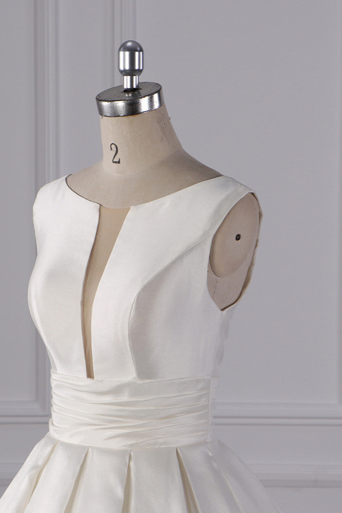 Simple Jewel White Satin Wedding Dress Sleeveless Ruffles Bridal Gowns On Sale