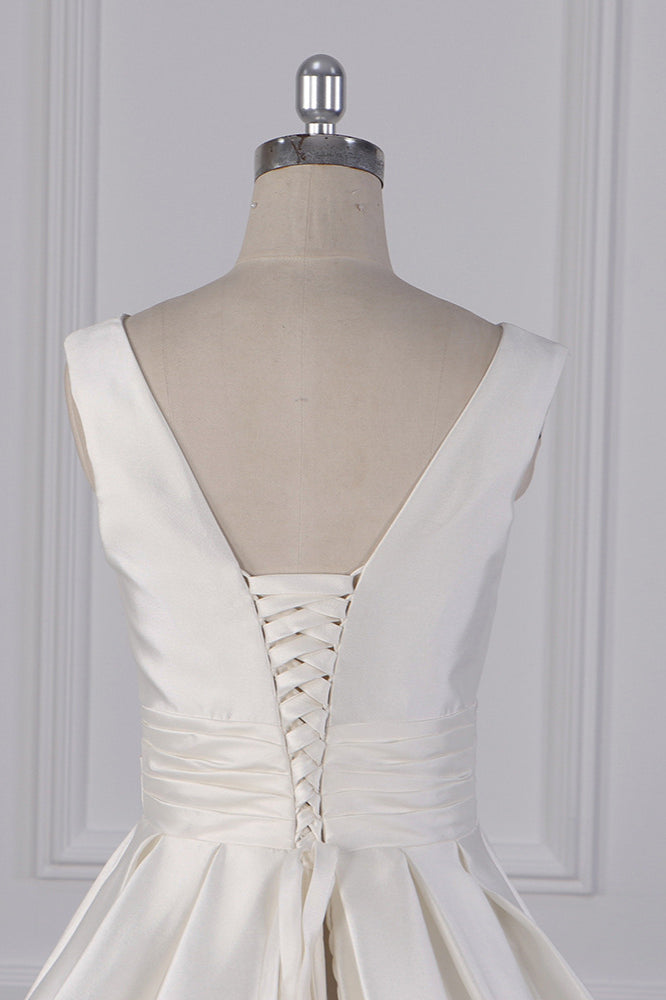 Simple Jewel White Satin Wedding Dress Sleeveless Ruffles Bridal Gowns On Sale