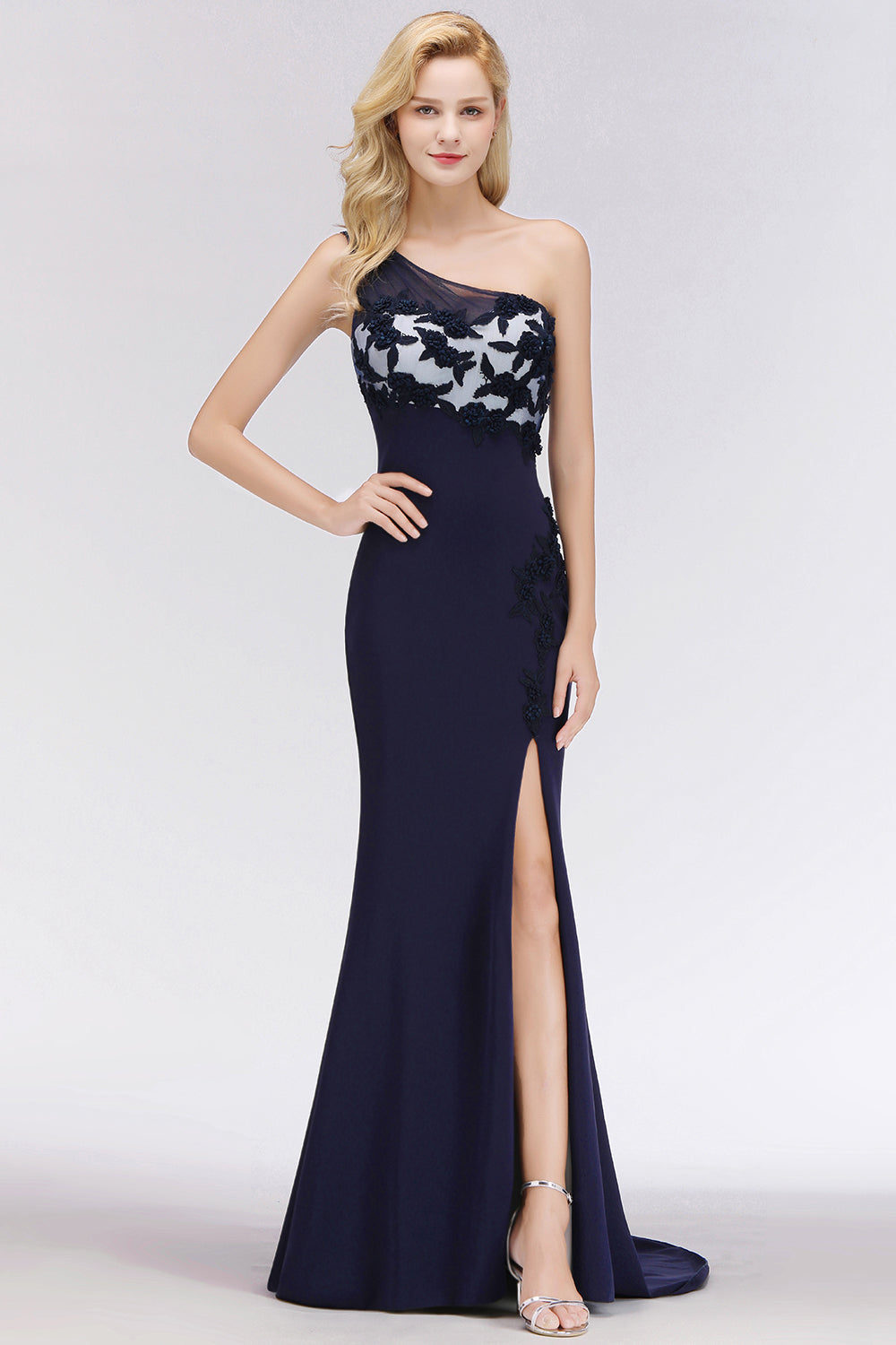 Simple Mermaid One-Shoulder Navy Bridesmaid Dresses with Slit