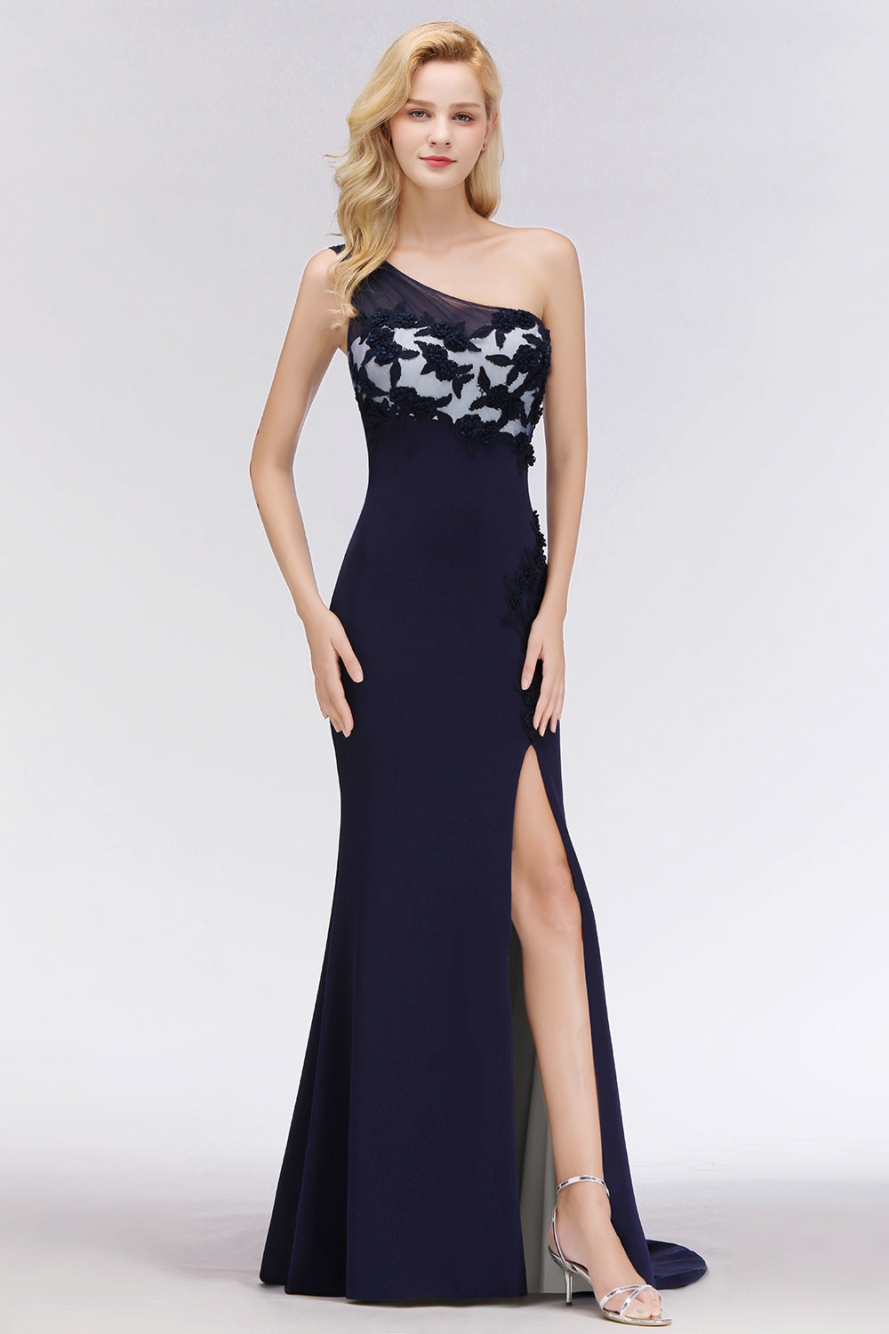 Simple Mermaid One-Shoulder Navy Bridesmaid Dresses with Slit