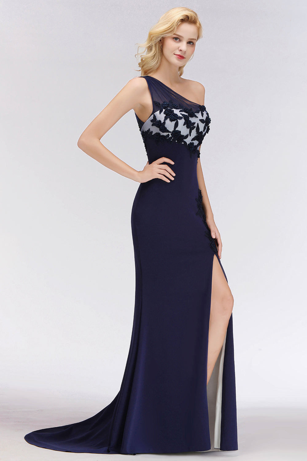 Simple Mermaid One-Shoulder Navy Bridesmaid Dresses with Slit