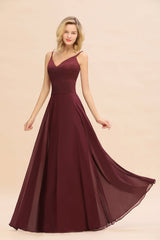 Simple Satin Chiffon Spaghetti-Straps Burgundy Long Bridesmaid Dress