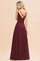 Simple Satin Chiffon Spaghetti-Straps Burgundy Long Bridesmaid Dress