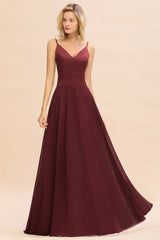 Simple Satin Chiffon Spaghetti-Straps Burgundy Long Bridesmaid Dress