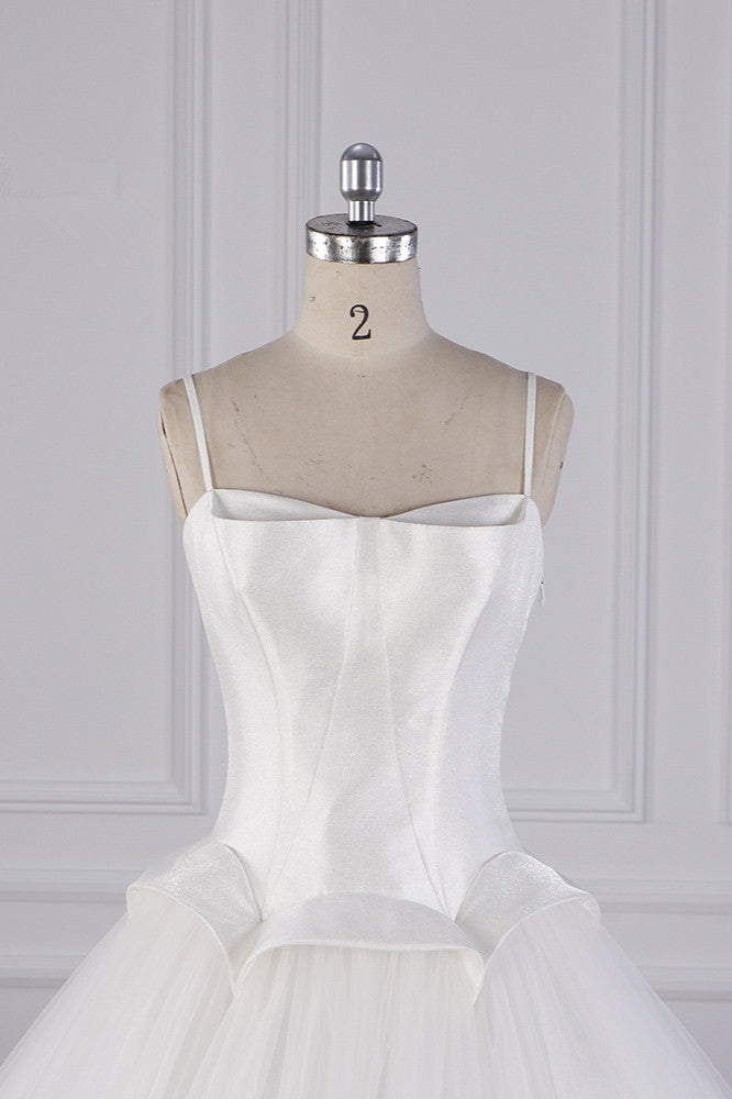 Simple Spaghetti Straps Satin Wedding Dress Tulle Ruffles Sleeveless Bridal Gowns Onlien