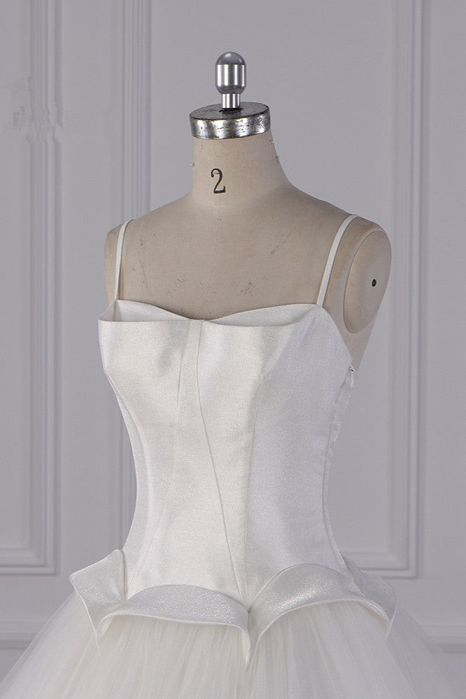 Simple Spaghetti Straps Satin Wedding Dress Tulle Ruffles Sleeveless Bridal Gowns Onlien
