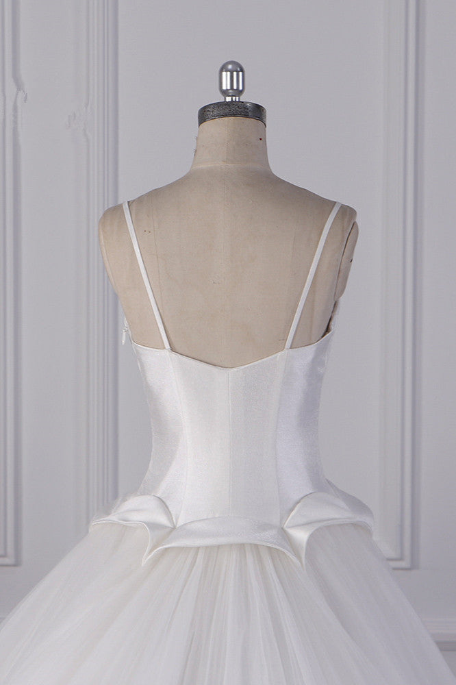 Simple Spaghetti Straps Satin Wedding Dress Tulle Ruffles Sleeveless Bridal Gowns Onlien