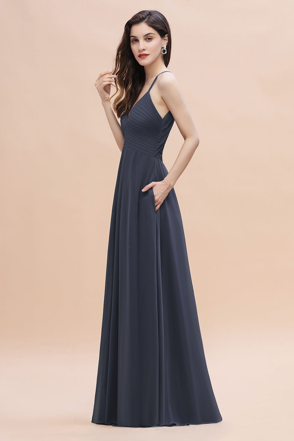 Simple Spaghetti Straps Stormy Chiffon Bridesmaid Dress with Ruffles On Sale