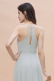 Simple Straps A-line Chiffon Mist Bridesmaid Dress with Ruffles Online