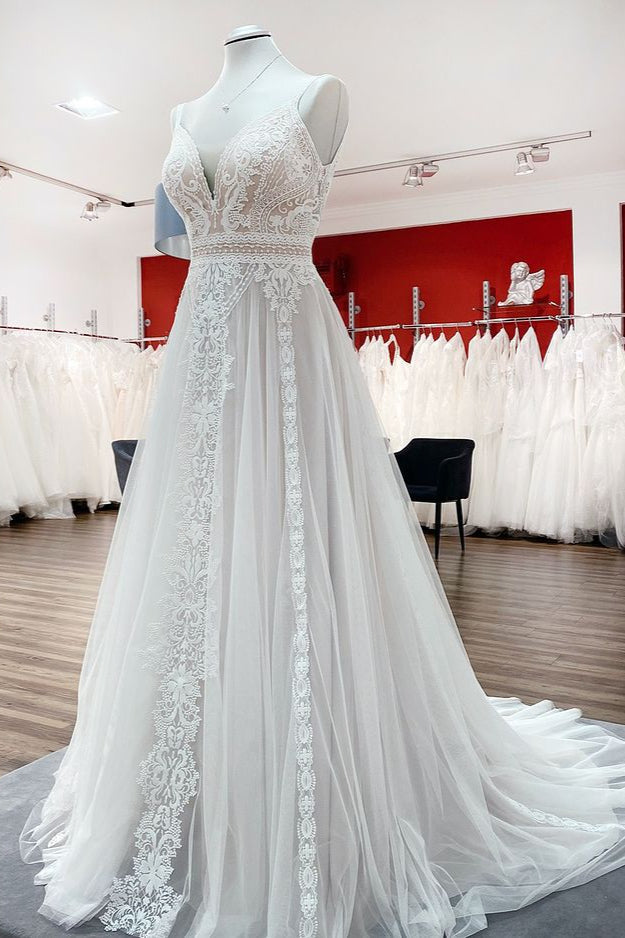 Simply Sleeveless White Tulle Lace Ruffles A-Line Wedding Dresses Long