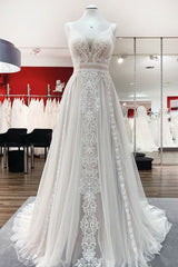 Simply Sleeveless White Tulle Lace Ruffles A-Line Wedding Dresses Long