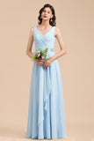 Sky Blue Chiffon Long Bridesmaid Dress Ruched
