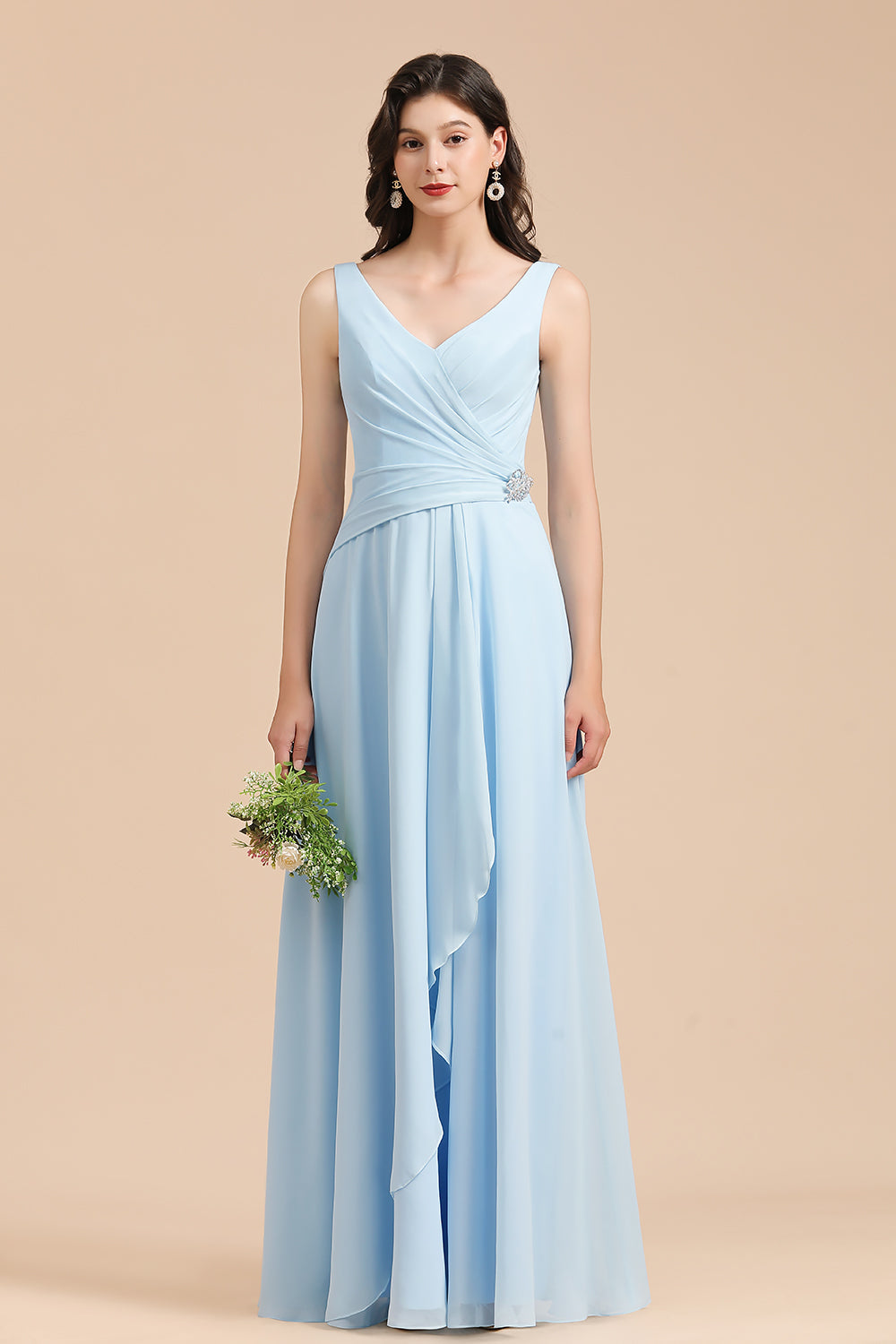 Sky Blue Chiffon Long Bridesmaid Dress Ruched