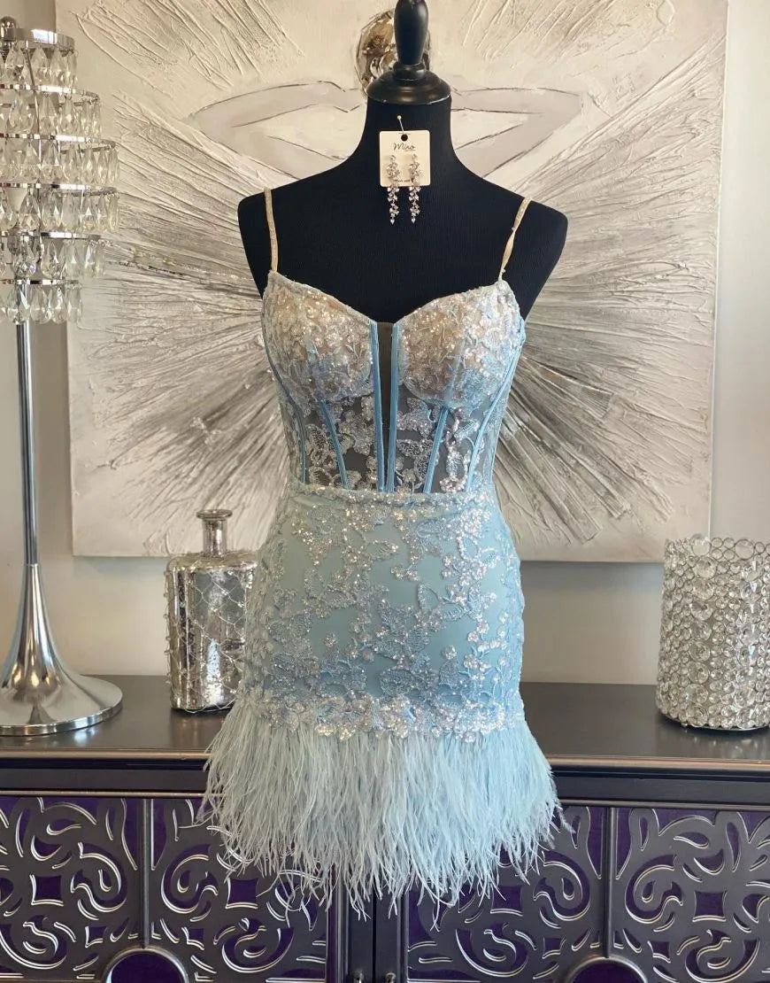 Sky Blue Corset Lace Tight Short Homecoming Dress with Feather Details Newinlook Sky Blue Corset Lace Tight Short Homecoming Dress with Feather Details Newinlook