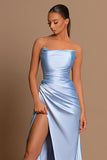 Sky Blue Prom Dress Mermaid Strapless With Slit