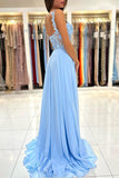 Sky Blue Sleeveless Long Prom Dress Slit Sleeveless With Appliques