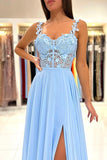 Sky Blue Sleeveless Long Prom Dress Slit Sleeveless With Appliques