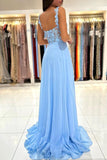 Sky Blue Sleeveless Long Prom Dress Slit Sleeveless With Appliques