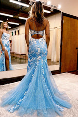 Sky Blue Spaghetti-Straps Prom Dress Mermaid Long With Appliques