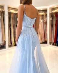 Sky Blue Spaghetti-Straps Prom Dress Mermaid With Lace Appliques