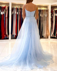 Sky Blue Spaghetti-Straps Prom Dress Mermaid With Lace Appliques
