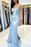 Sky Blue Strapless Pleat Prom Dress Mermaid With Slit Ruffles