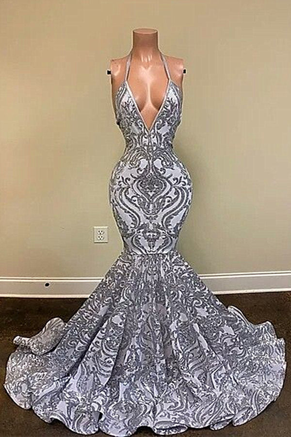 Sleeveless Sequins Silver Prom Dress Mermaid Long