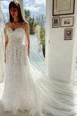 Spaghetti-Straps Appliques Wedding Dress A-Line Sweetheart