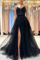Spaghetti-Straps Black Prom Dress Sleeveless Tulle With Split