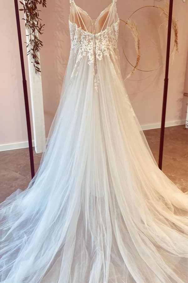 Spaghetti-Straps Bridal Dress Sleeveless Tulle Appliques
