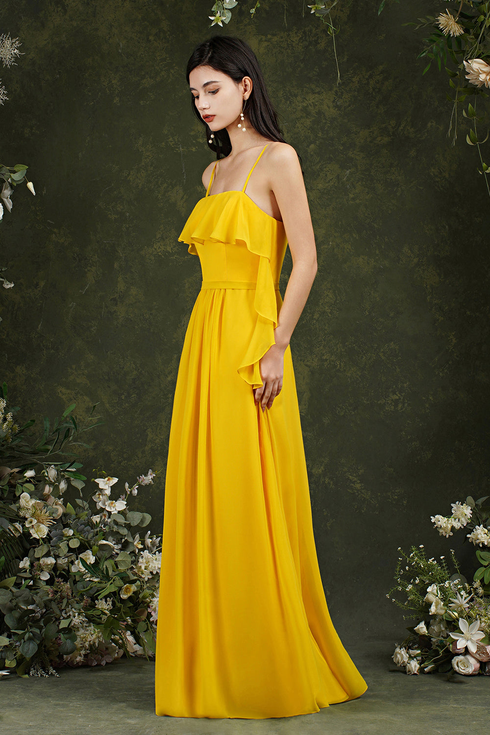 Spaghetti-Straps Bridesmaid Dress Chiffon With Pockets Ruffles