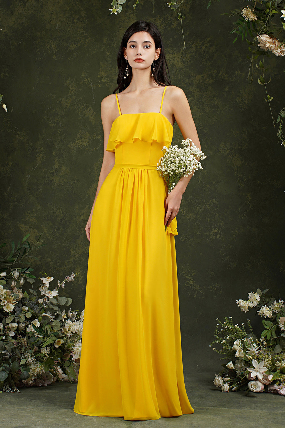 Spaghetti-Straps Bridesmaid Dress Chiffon With Pockets Ruffles