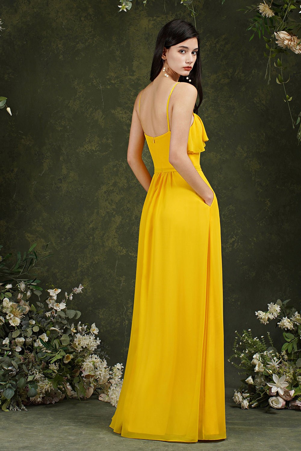 Spaghetti-Straps Bridesmaid Dress Chiffon With Pockets Ruffles