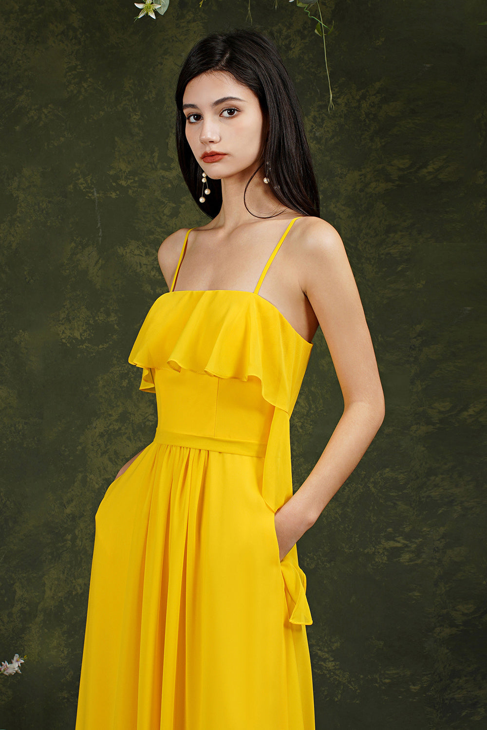 Spaghetti-Straps Bridesmaid Dress Chiffon With Pockets Ruffles