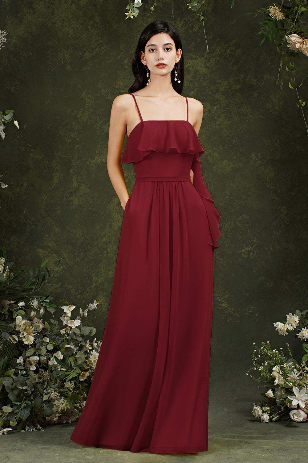 Spaghetti-Straps Bridesmaid Dress Chiffon With Pockets Ruffles