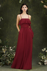 Spaghetti-Straps Bridesmaid Dress Chiffon With Pockets Ruffles