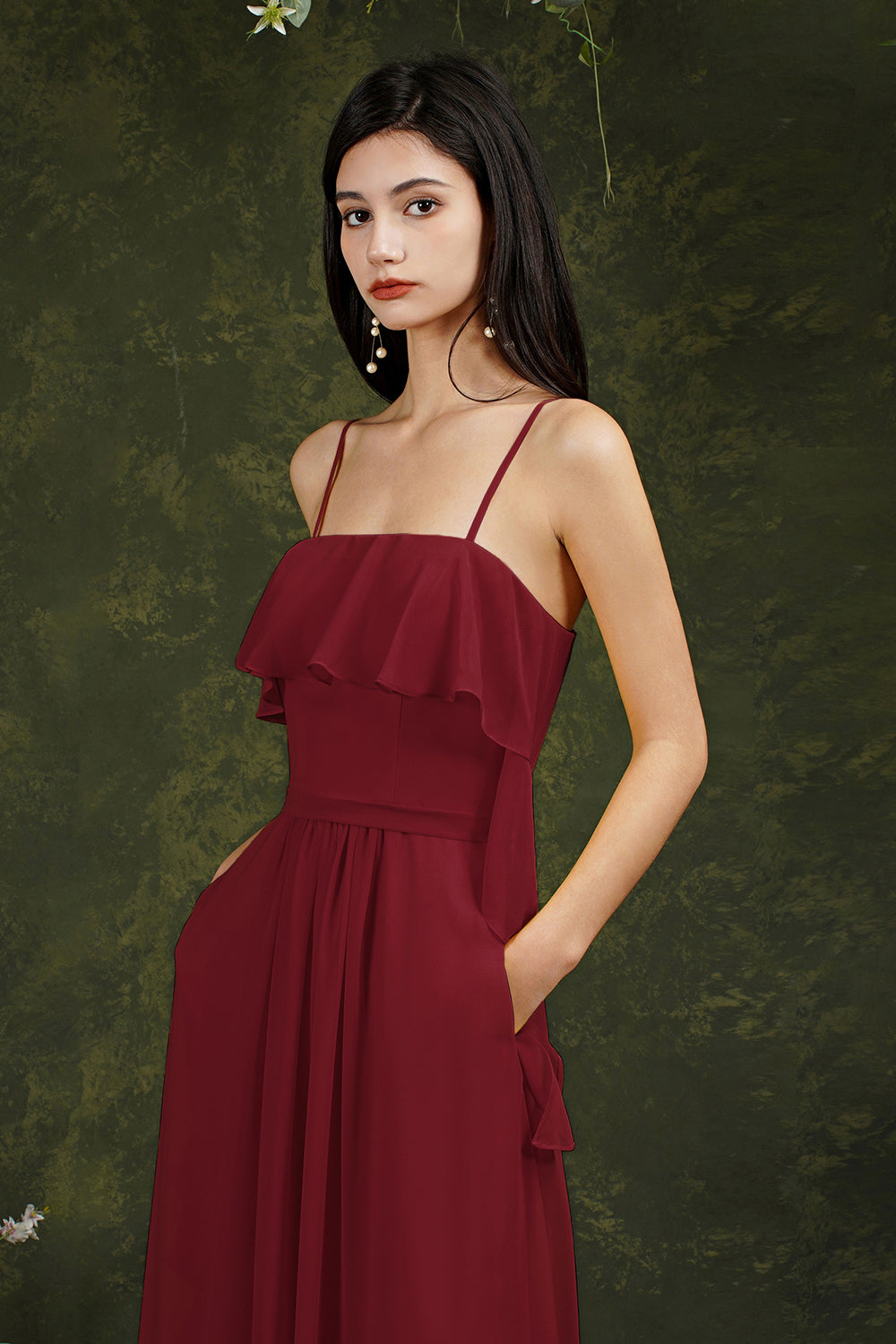 Spaghetti-Straps Bridesmaid Dress Chiffon With Pockets Ruffles