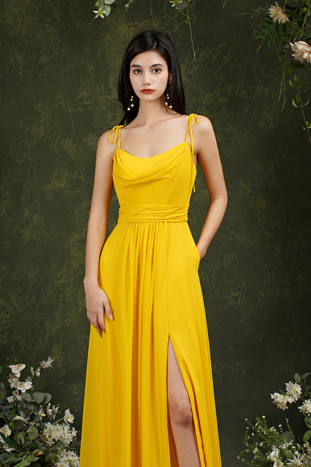Spaghetti-Straps Bridesmaid Dress Chiffon With Slit