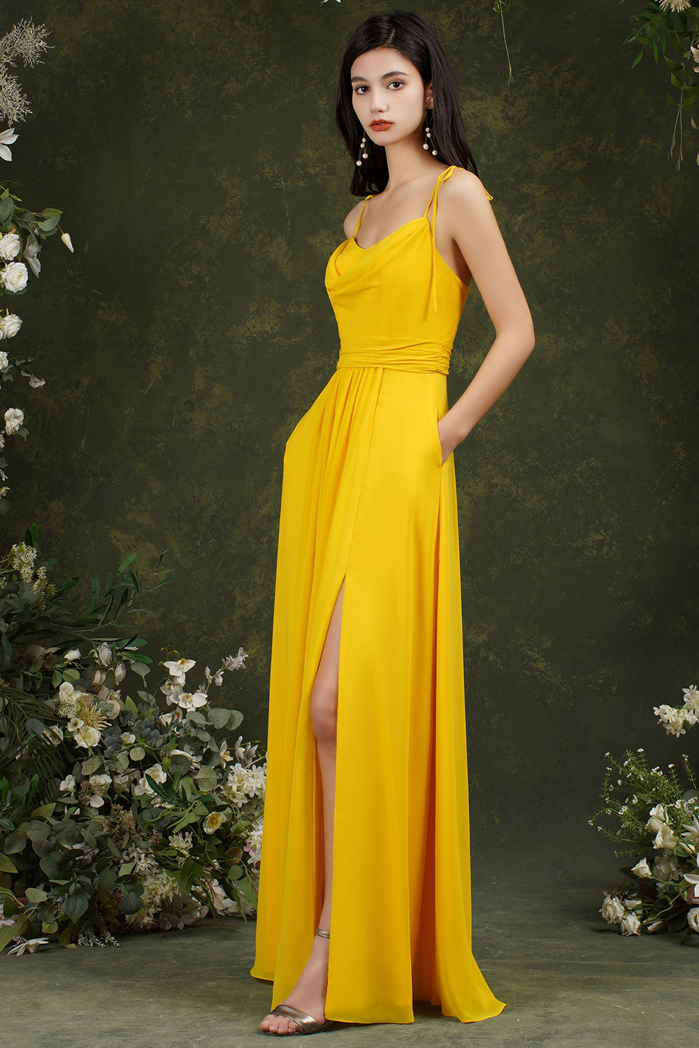 Spaghetti-Straps Bridesmaid Dress Chiffon With Slit