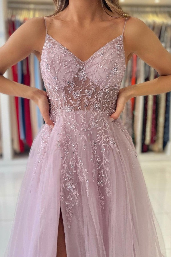 Spaghetti-Straps Long Prom Dress Sleeveless Tulle With Beadings
